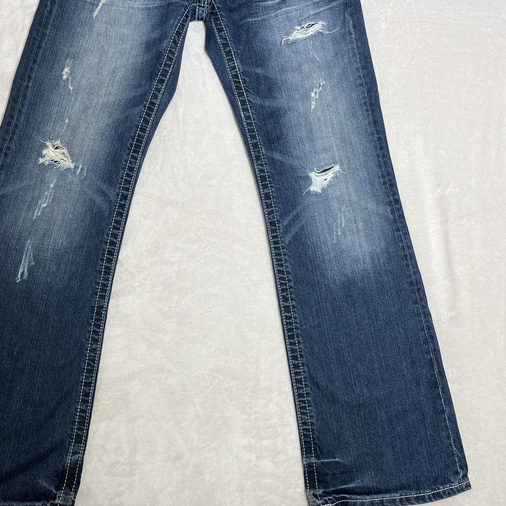 BKE Buckle Justin Mens 28x31 1/2 Distressed Straight Thick Stitch Jeans Jake EUC - Picture 8 of 16
